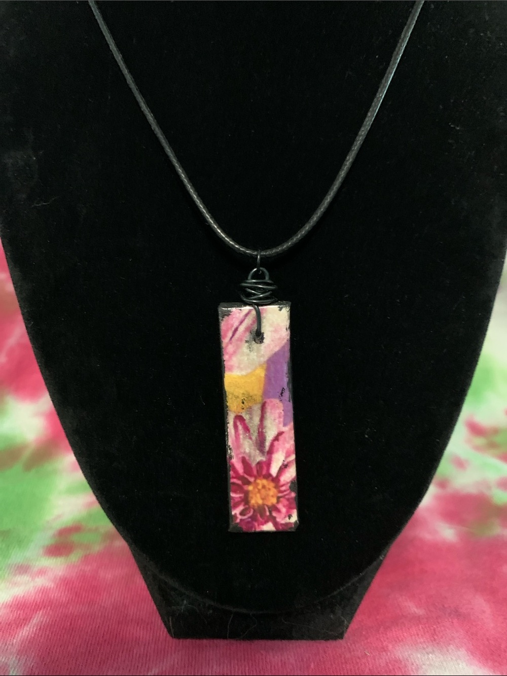 Handcrafted Pink Floral Rectangle Pendant Necklace